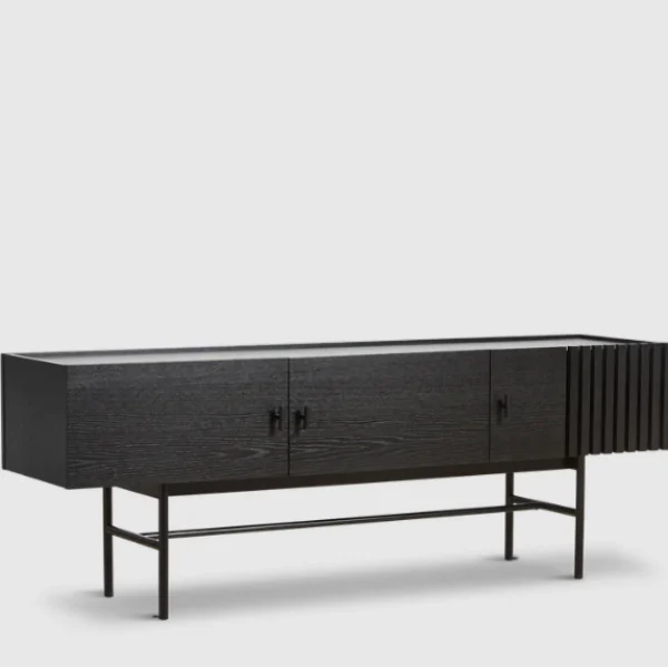 Clearance woud Array Low Sideboard (150 cm), Black Painted Oak with Black Painted Metal Legs