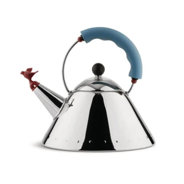 New Alessi Graves Kettle, Light Blue Handle/Red Bird Whistle