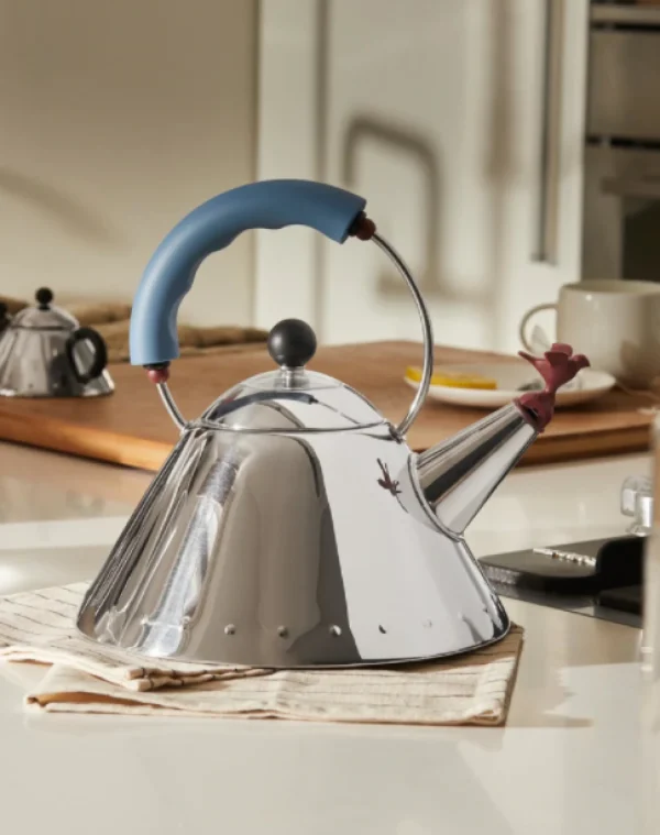 New Alessi Graves Kettle, Light Blue Handle/Red Bird Whistle