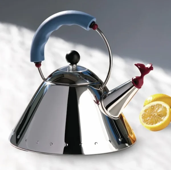 New Alessi Graves Kettle, Light Blue Handle/Red Bird Whistle