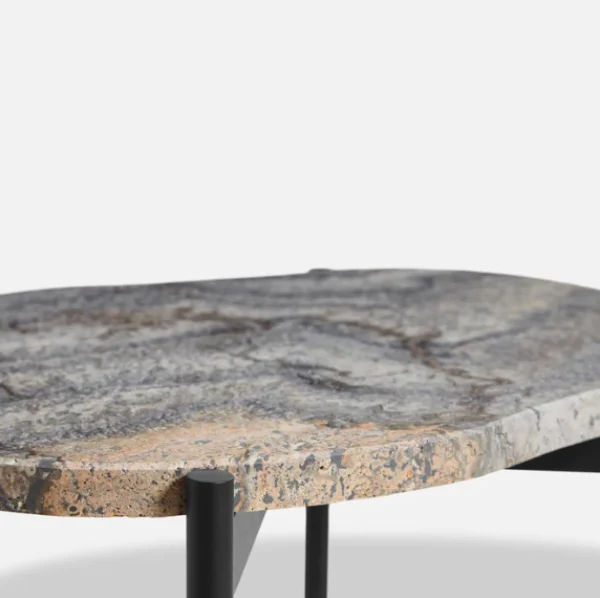 New woud La Terra Occasional Table (Small), Grey Melange Travertine Top With Black Painted Metal Legs